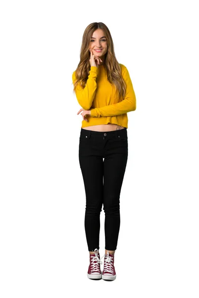 Full Length Shot Young Girl Yellow Sweater Smiling Looking Front — Stock Photo, Image