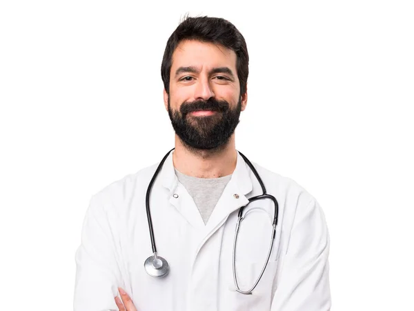 Onnellinen Nuori Lääkäri Valkoisella Taustalla — kuvapankkivalokuva