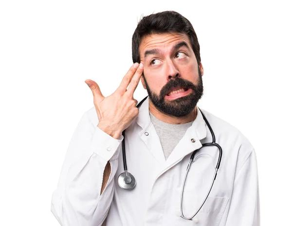 Young Doctor Making Suicide Gesture White Background — Stock Photo, Image