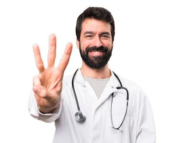 Junge Ärztin Zählt Drei Auf Weißem Hintergrund — Stockfoto
