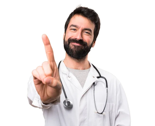 Young Doctor Counting One White Background — Stock Photo, Image