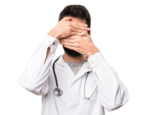 Young Doctor Covering His Face White Background — Stock Photo, Image