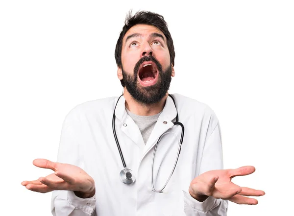 Young Doctor Pleading White Background — Stock Photo, Image