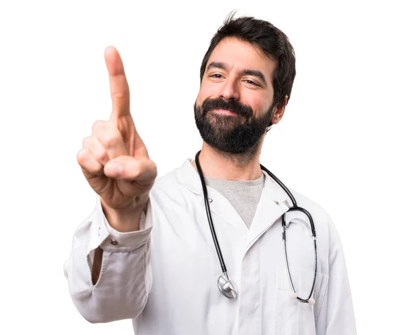 Young Doctor Touching Transparent Screen White Background — Stock Photo, Image