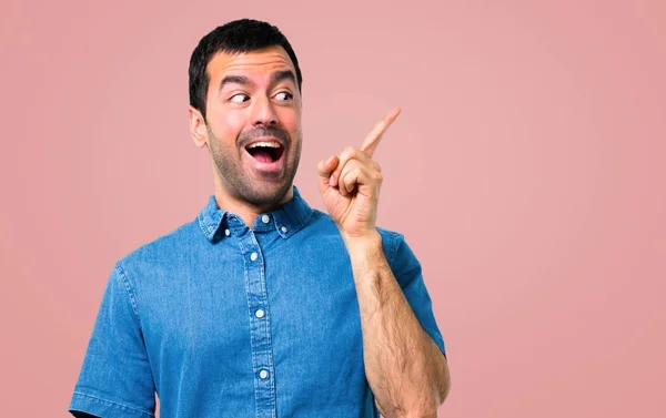 Handsome Man Blue Shirt Intending Realizes Solution Pink Background — Stock Photo, Image