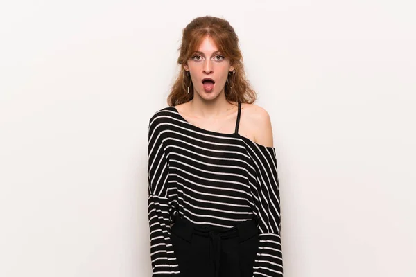 Young Redhead Woman White Wall Surprise Shocked Facial Expression — Stock Photo, Image