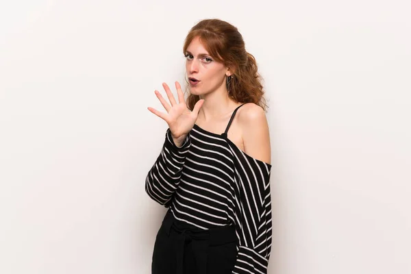 Young Redhead Woman White Wall Counting Five Fingers — Stock Photo, Image