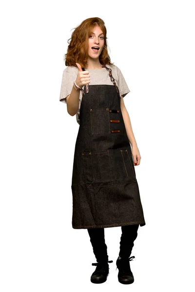 Full Length Shot Young Redhead Woman Apron Giving Thumbs Gesture — Stock Photo, Image