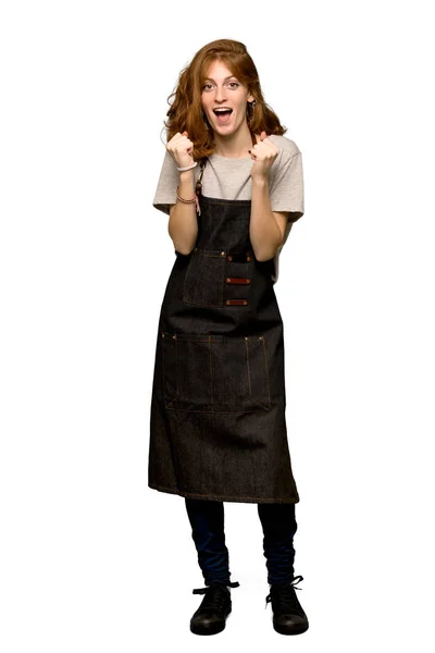 Full Length Shot Young Redhead Woman Apron Celebrating Victory Winner — Stock Photo, Image