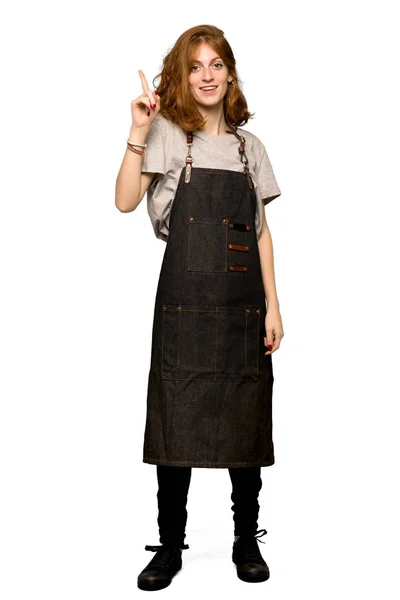 Full Length Shot Young Redhead Woman Apron Intending Realizes Solution — Stock Photo, Image