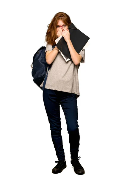 Full Length Shot Young Redhead Student Smiling Lot While Covering — Stock Photo, Image