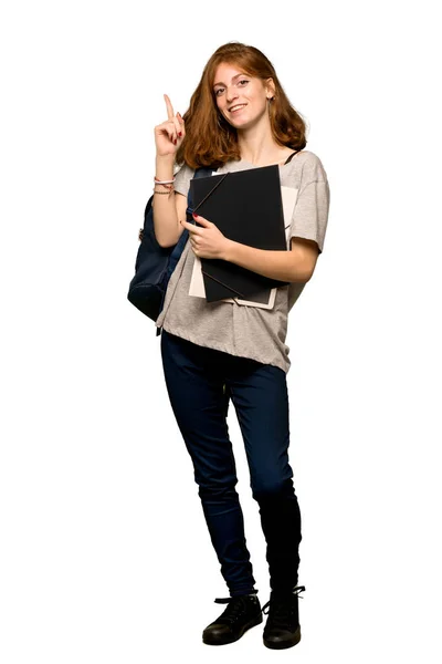 Eine Ganzkörperaufnahme Einer Jungen Rothaarigen Studentin Die Mit Dem Zeigefinger — Stockfoto