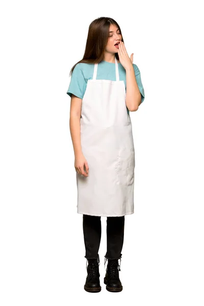 Full Length Shot Girl Apron Yawning Covering Wide Open Mouth — Stock Photo, Image