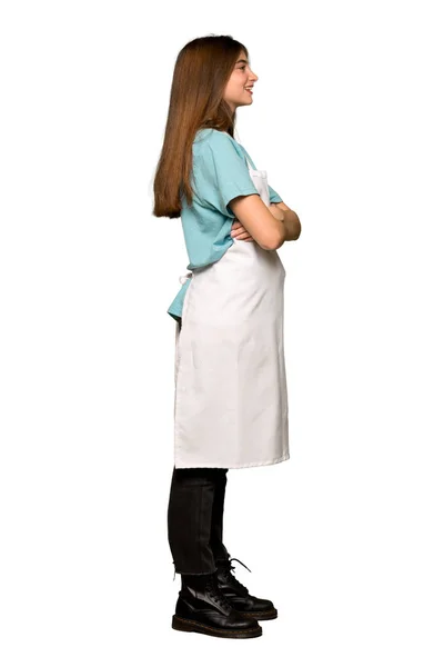 Full Length Shot Girl Apron Lateral Position Isolated White Background — Stock Photo, Image