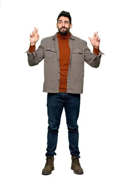 Full Length Shot Handsome Man Beard Fingers Crossing Wishing Best — Stock Photo, Image