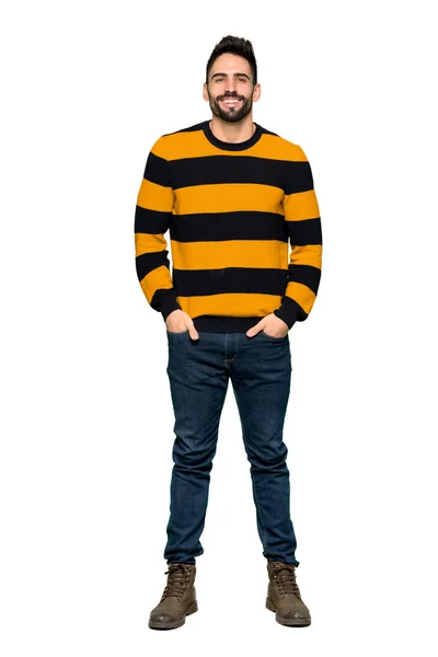 Full Length Shot Handsome Man Striped Sweater Posing Laughing Looking — Stock Photo, Image