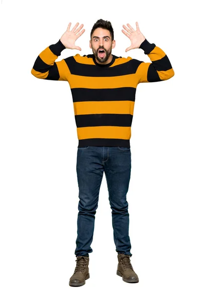 Full Length Shot Handsome Man Striped Sweater Surprise Shocked Facial — Stock Photo, Image