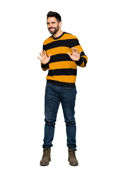 Full Length Shot Handsome Man Striped Sweater Smiling Isolated White — Stock Photo, Image