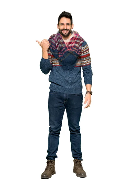 Full Length Shot Hippie Man Pointing Side Present Product Isolated — Stock Photo, Image