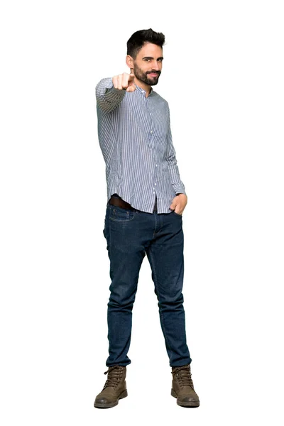 Full Length Schot Van Elegante Man Met Shirt Vinger Wijst — Stockfoto