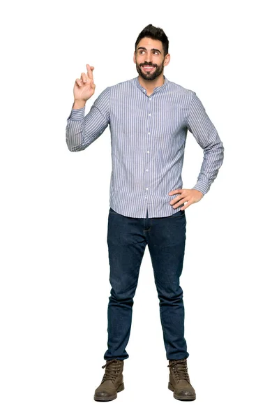 Полнометражный Снимок Элегантного Мужчины Рубашке Скрещенными Пальцами Желающего Лучшего Изолированном — стоковое фото