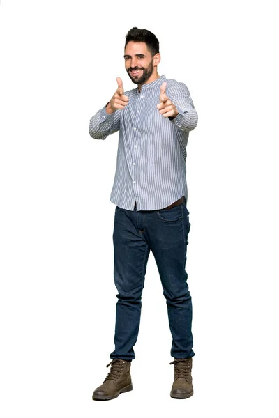 Full Length Shot Elegant Man Shirt Pointing Front Smiling Isolated — Stock Photo, Image