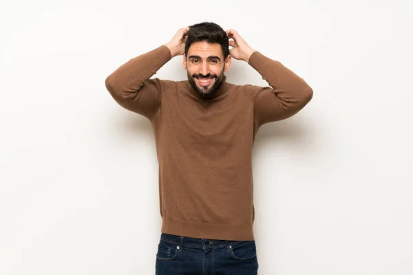 Handsome Man White Wall Takes Hands Head Because Has Migraine — Stock Photo, Image