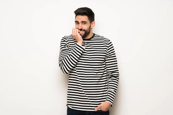 Hombre Guapo Con Camisa Rayas Poco Nervioso Asustado Poner Las — Foto de Stock