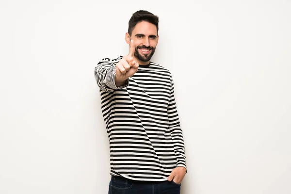 Homem Bonito Com Camisa Listrada Mostrando Levantando Dedo — Fotografia de Stock