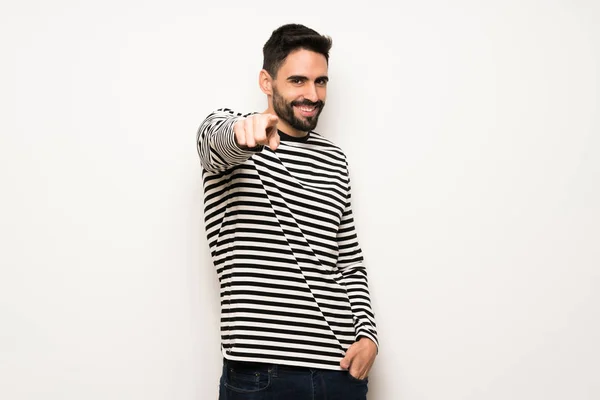 Homem Bonito Com Listrado Camisa Aponta Dedo Para Você Com — Fotografia de Stock