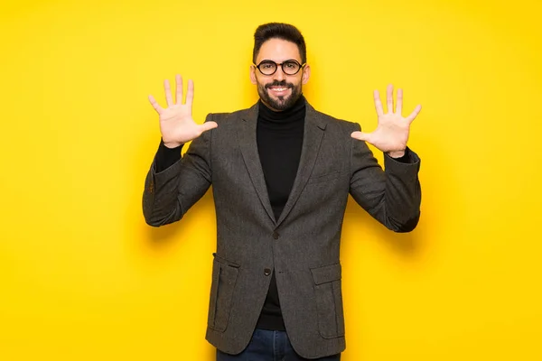 Handsome Man Glasses Counting Ten Fingers — Stock Photo, Image
