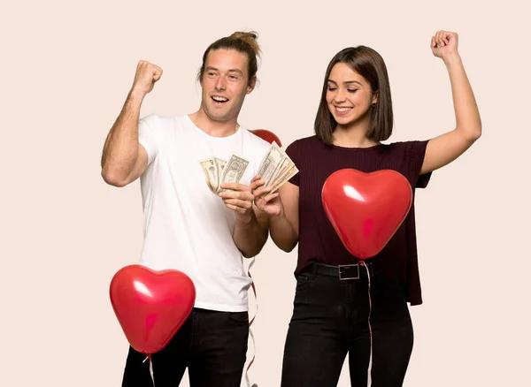 Pareja Día San Valentín Tomando Montón Dinero Sobre Fondo Aislado —  Fotos de Stock