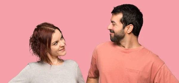 Couple Valentine Day Happy Smiling Isolated Pink Background — Stock Photo, Image