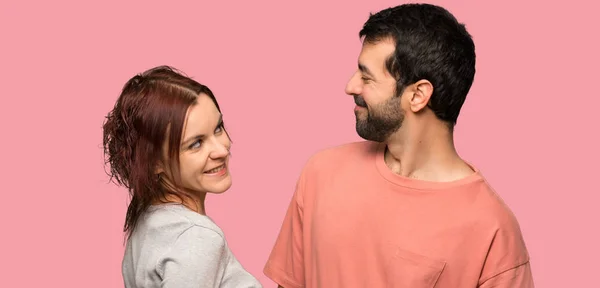 Couple Valentine Day Happy Expression Isolated Pink Background — Stock Photo, Image