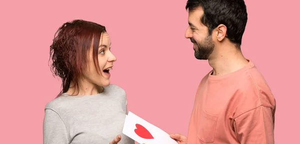 Couple Valentine Day Valentines Day Card Isolated Pink Background — Stock Photo, Image