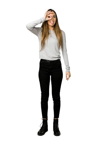 Genç Kızın Tam Uzunlukta Atış Komik Çılgın Yüz Duygu Izole — Stok fotoğraf