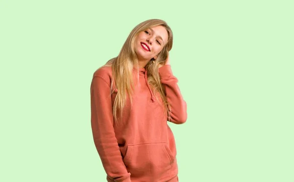 Young Girl Thinking Idea While Scratching Head Green Background — Stock Photo, Image