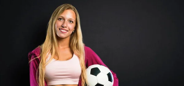 Pretty Sport Woman Holding Soccer Ball Textured Black Background — Stock Photo, Image