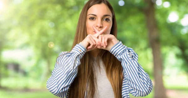 Young Girl Striped Shirt Showing Sign Silence Gesture Outdoors — Stock Photo, Image