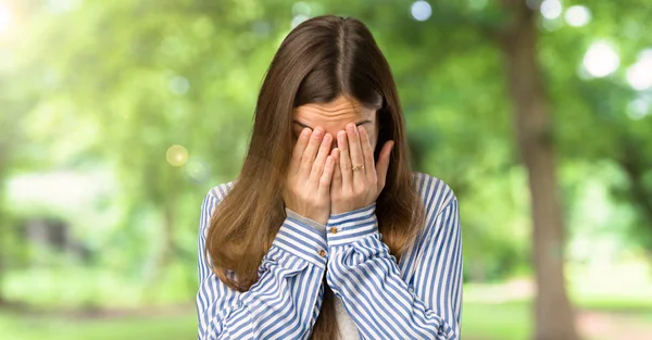 Young Girl Striped Shirt Tired Sick Expression Outdoors — Stock Photo, Image