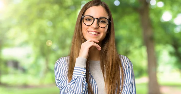 Young Girl Striped Shirt Glasses Smiling Outdoors — Stock Photo, Image