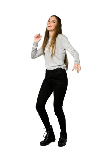 Cuerpo Entero Chica Joven Disfrutar Bailando Mientras Escucha Música Una — Foto de Stock