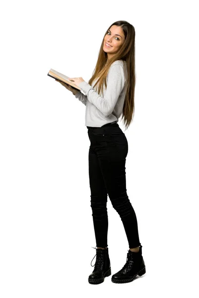 Full Length Colpo Giovane Ragazza Possesso Libro Godendo Lettura Sfondo — Foto Stock