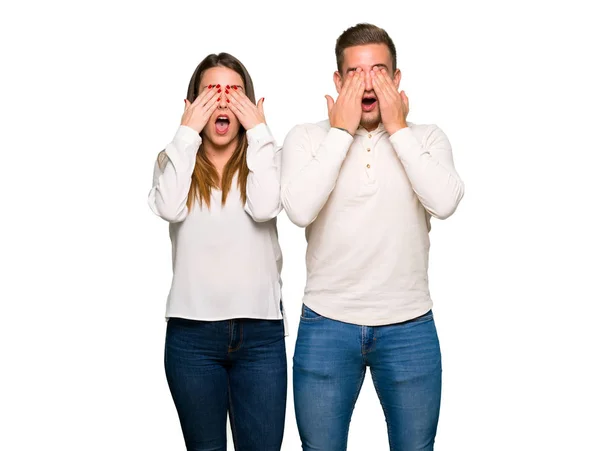 Couple Valentine Day Covering Eyes Hands — Stock Photo, Image
