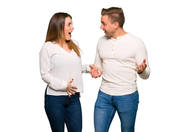 Couple Dans Saint Valentin Avec Surprise Expression Faciale Choquée — Photo