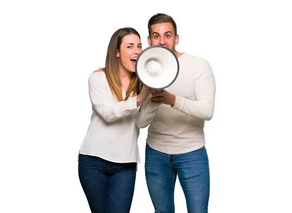 Couple Valentine Day Shouting Megaphone — Stock Photo, Image