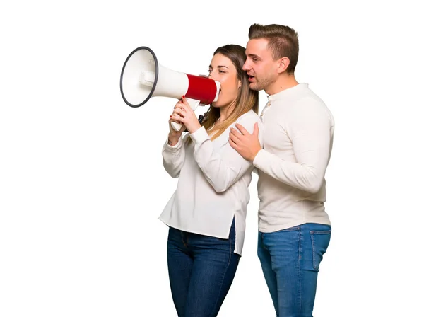 Couple Valentine Day Shouting Megaphone — Stock Photo, Image