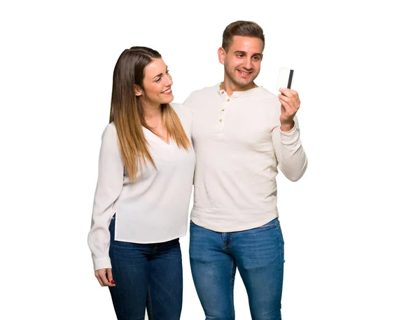 Casal Dia Dos Namorados Segurando Cartão Crédito Pensando — Fotografia de Stock