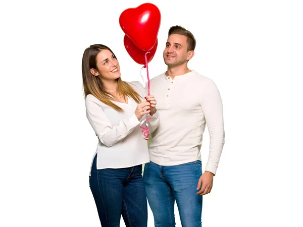 Couple Saint Valentin Avec Des Ballons Forme Coeur — Photo