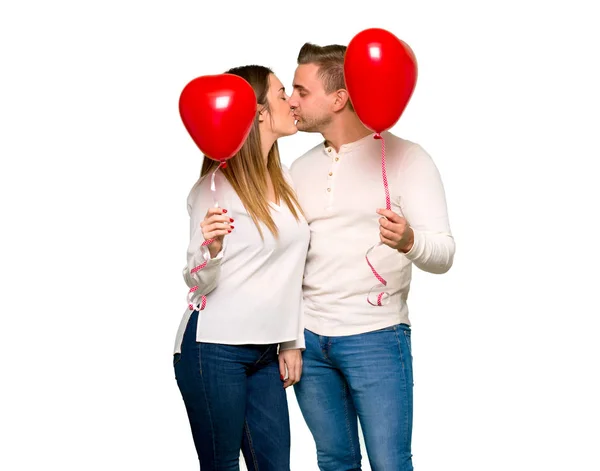 Par Alla Hjärtans Dag Med Ballonger Med Hjärta Form — Stockfoto